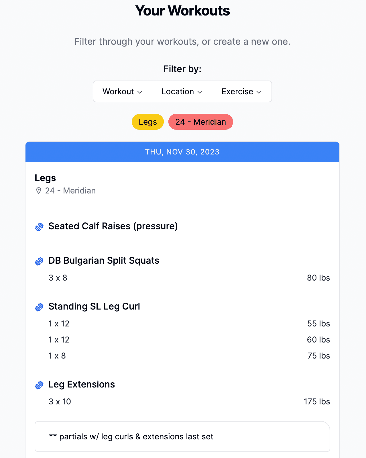 Filtering system for workouts.