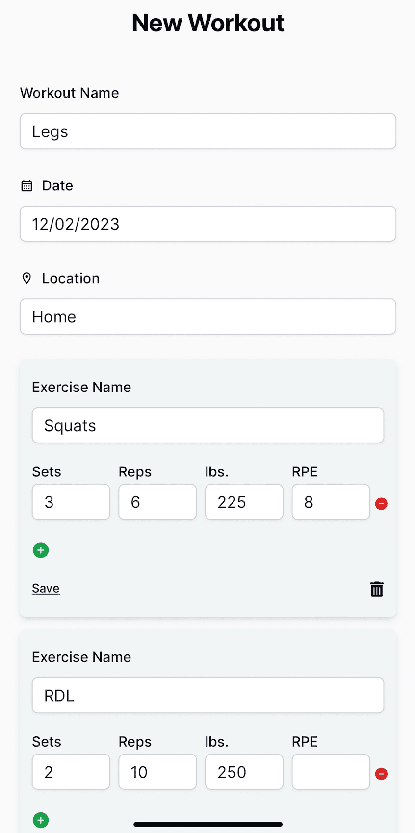 Mobile screen displaying new workout form.